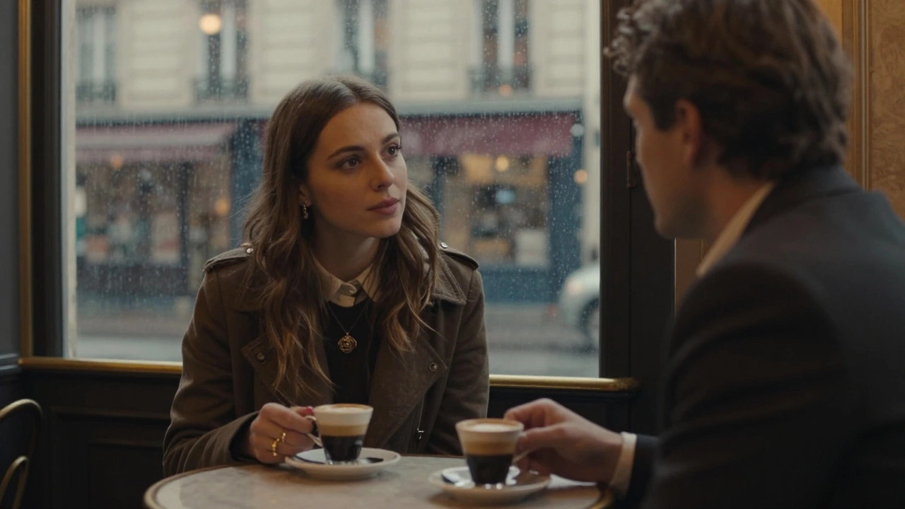 A woman and man in a Paris café engaged in thoughtful conversation, rain on the window, no physical contact, quiet intimacy.