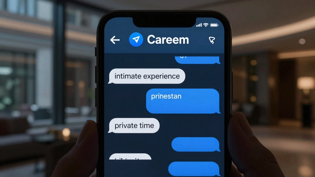Encrypted Telegram chat on a phone showing coded service messages and a ride confirmation.