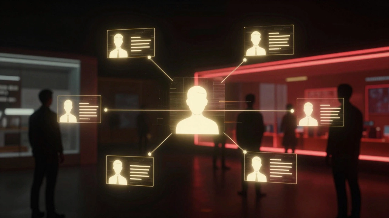 Holographic digital profiles floating in a cyberpunk-style network of light and shadow.