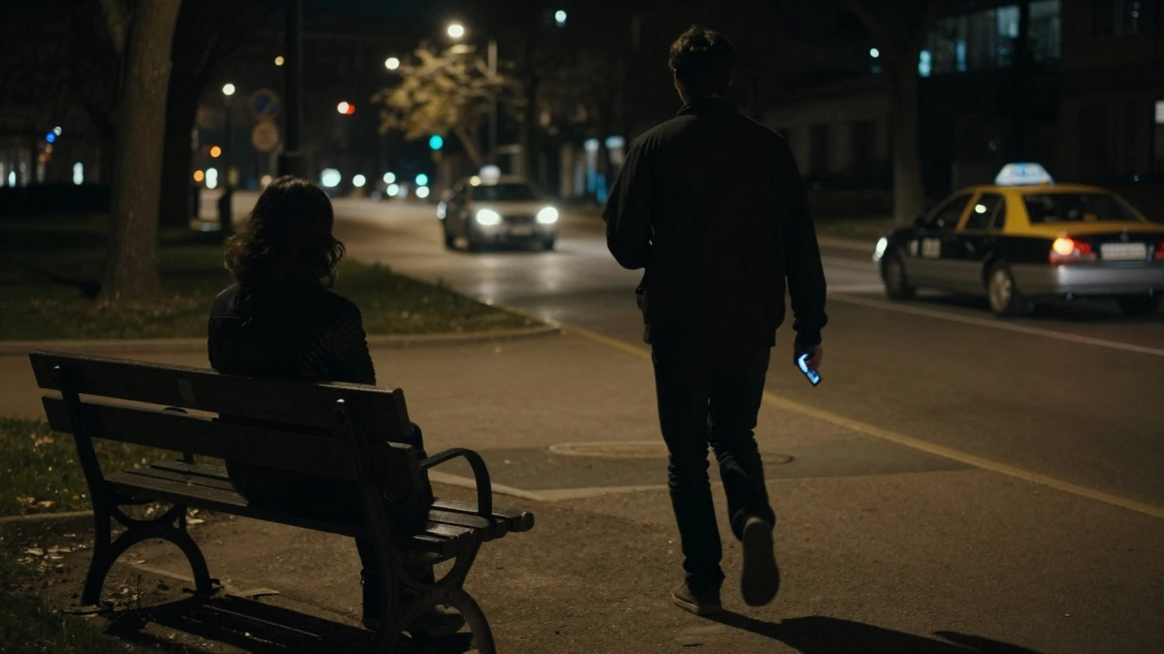 Someone walking away from a shadowy figure toward a taxi, phone in hand, at night.